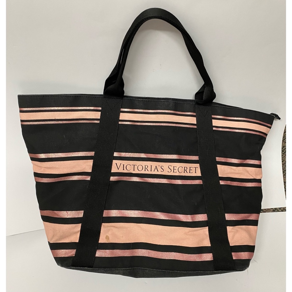 Victoria’s Secret Love Victoria Large Tote Bag Black Metallic Pink Stripes